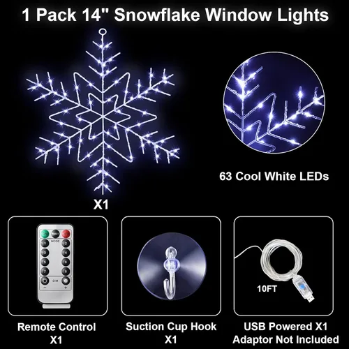 Vista 2 de Zimati - Luces navideñas para ventana, diseño de copo de nieve 14 in Iron Frame, Cool White, USB Powered, Timer, Remote Control, 8 Lighting Modes