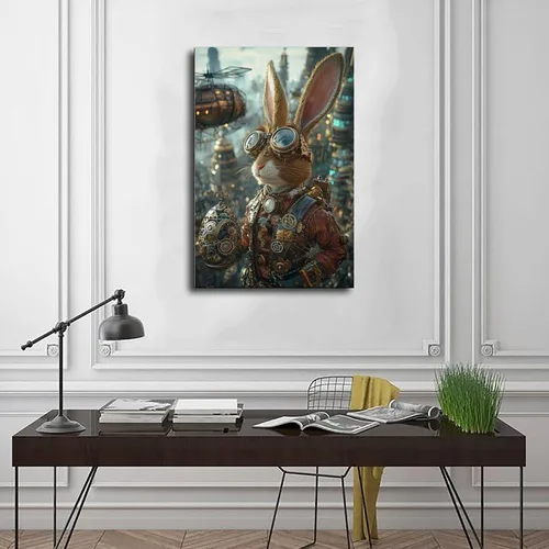 Vista 3 de Steampunk - Arte de pared de Pascua – Conejito futurista retro y huevo mecánico – Póster de fantasía industrial Steam City – Decoración única