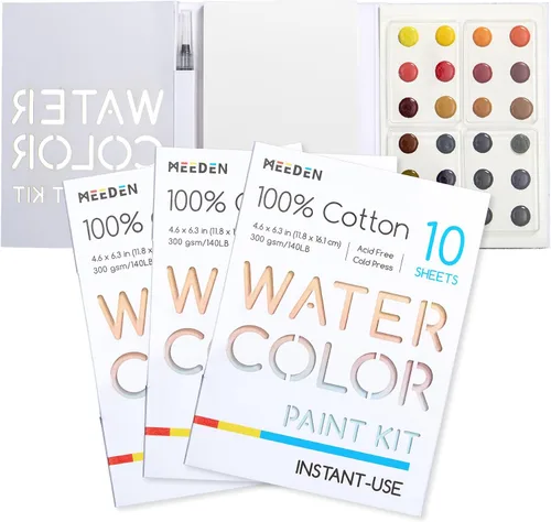 Vista 8 de MEEDEN Juego de pintura de acuarela, suministros de pintura de 24 colores con 10 papeles de acuarela y pincel, kit de pintura artística portátil
