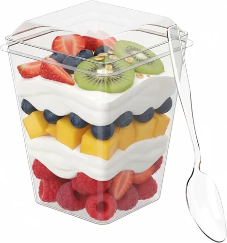 Vista 4 de Zappy Paquete de 100 vasos de postre de plástico de 5 onzas con tapas y cucharas, vasos de aperitivo/parfait para fiestas, tiradores de postres