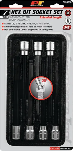 Vista 6 de Performance Tool W38750 - Juego de llaves hexagonales SAE de longitud extendida de 7 piezas, enchufes de acero al cromo vanadio con puntas S2
