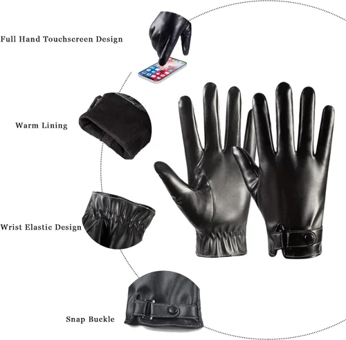 Vista 3 de Long Keeper Guantes de cuero de invierno para hombre, color negro, cálido, ciclismo, conducción, motocicleta, pantalla táctil, guantes de mensajes
