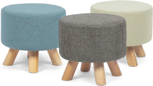 Vista 7 de Homebeez Taburete otomano redondo con reposapiés, reposapiés de tela pequeño con patas de madera antideslizantes, color azul