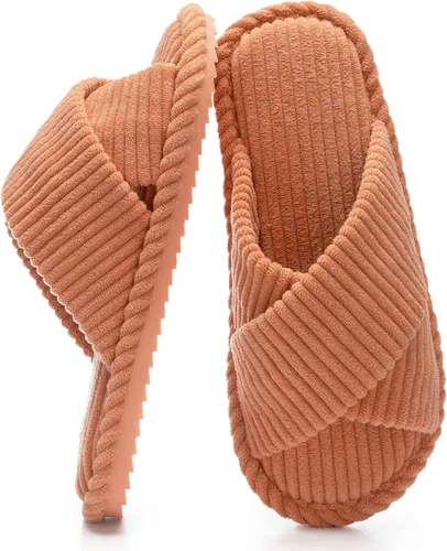 Vista 11 de GOEWY - Pantuflas para mujer con espuma viscoelástica para el hogar, con entretejido de pana, tiras cruzadas, con punta abierta, sandalias cómodas