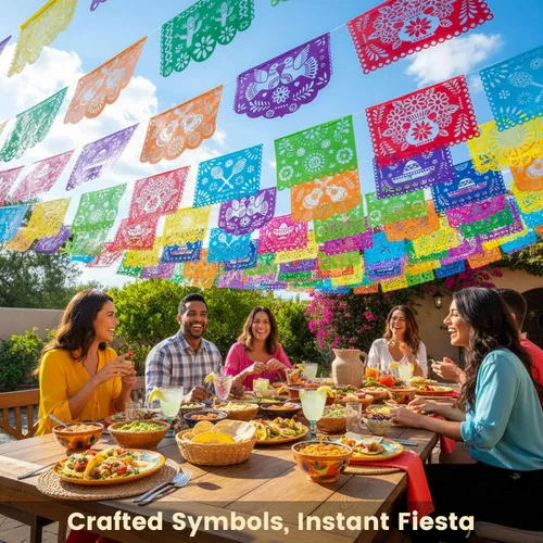 Vista 6 de DomeStar Paquete de 3 Pancartas de Fiesta Mexicana, 54 Pies Papel Picado Guirnalda de Banner de Fiesta para Cinco de Mayo Día de los Muertos