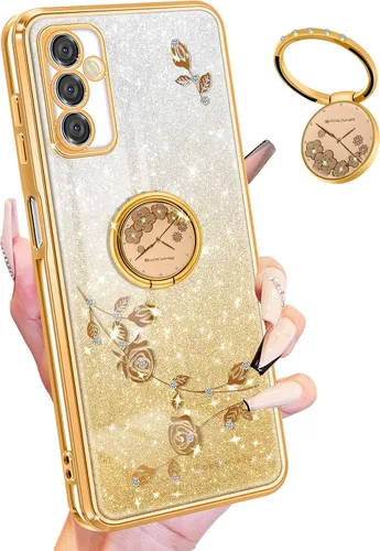 Vista 17 de Funda 3 en 1 para teléfono Samsung Galaxy A03S con purpurina brillante para mujeres y niñas, cubierta brillante con bonito diseño floral de flores