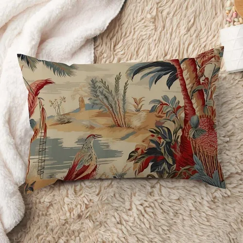 Vista 27 de ArogGeld Funda de cojín lumbar asiática de estilo chinoiserie, de lino marrón, pájaro y flor, funda de almohada asiática para sala de estar, A-6
