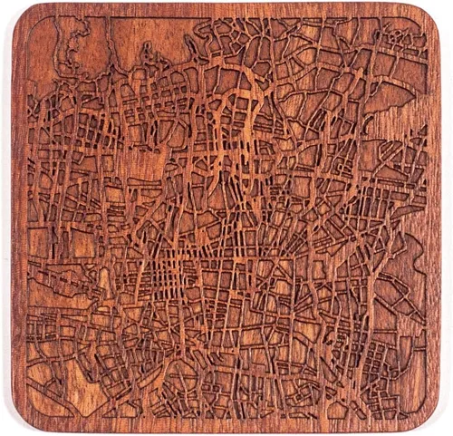 Vista 151 de Posavasos Amsterdam Map by O3 Design Studio, 1 pieza, posavasos de madera Sapele con mapa de la ciudad, hecho a mano, varias ciudades opcionales