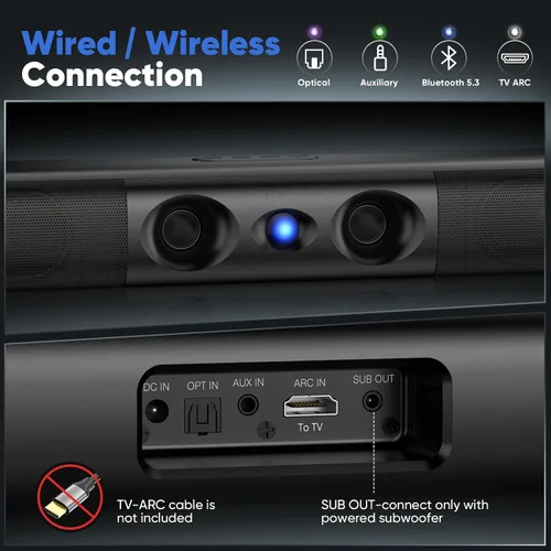 Vista 7 de Barra de sonido de 60 W para Smart TV 17 Inch, Deep Bass, Crystal Dialogue, Bluetooth 5.3/ARC/Optical/AUX Input, Wall Mountable,for