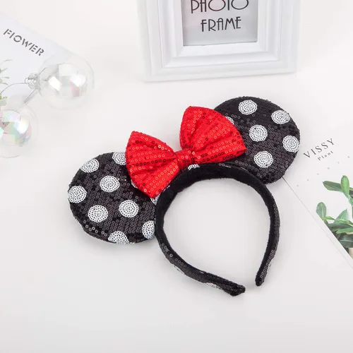 Vista 2 de Diadema con orejas de Minnie Ears con lentejuelas y lazo para el pelo, accesorios para niñas, mujeres, adultos, niños, fiesta de cumpleaños (lunares)