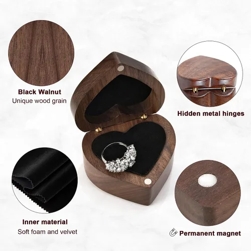 Vista 4 de Yoption Caja de anillos de madera, hecha a mano de madera de nogal con forma de corazón, caja de anillos para ceremonia de boda, aniversario