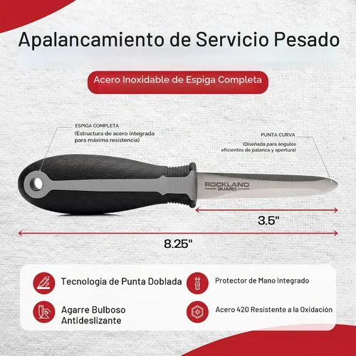 Vista 3 de Conjunto de cuchillos para abrir ostras profesional Rockland Guard - Incluye cuchillo de acero inoxidable de 3.5" con mango antideslizante y punta