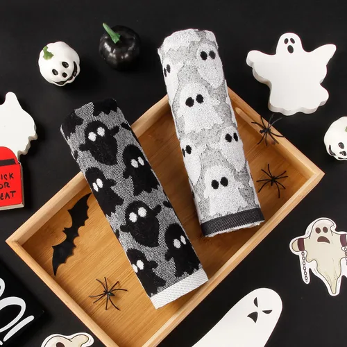 Vista 6 de Quera Paquete de 2 toallas de mano de Halloween, fantasma, color blanco y negro, juego de toallas decorativas para baño, para secar, limpiar