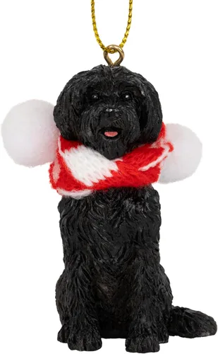 Vista 2 de Perro de agua portugués negro árbol de Navidad ornamento tela caramelo bastón bufanda