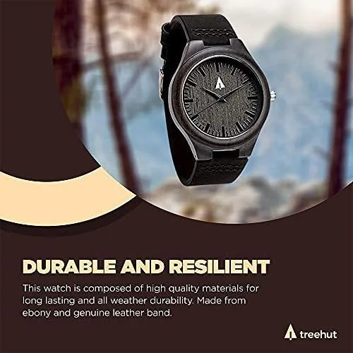 Vista 5 de treehut Reloj de madera de ébano para hombre con correa de cuero negro genuino..., Negro Natural 4, Reloj de cuarzo