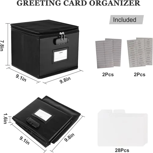 Vista 4 de Organizador de tarjetas de felicitación ignífugo con cerradura, caja de almacenamiento plegable con capacidad para más de 150 tarjetas, caja