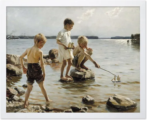 Vista 54 de Monem Art - Póster de pintura vintage para niños jugando en la orilla, impresión retro para niños, arte de playa, arte de velero, arte costero