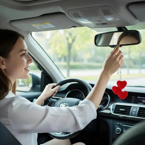 Vista 4 de Frienda Espejo retrovisor rojo para mujer, accesorios brillantes con forma de corazón con diamantes de imitación para colgar en el espejo trasero