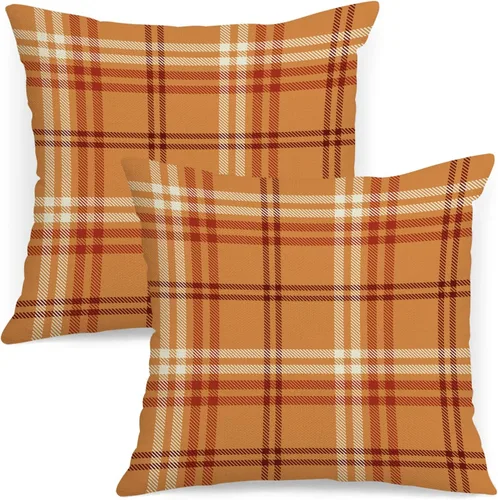 Vista 13 de AOFANGGO - Juego de 2 fundas de almohada de otoño decorativas de 16x16 pulgadas. Fundas de almohada de cuadros naranja y gris, cojines de lino