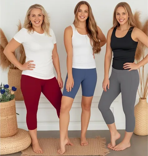 Vista 4 de NEW YOUNG Paquete de 3 leggings capri para mujer con bolsillos, cintura alta, control de abdomen, pantalones de entrenamiento para gimnasio, yoga