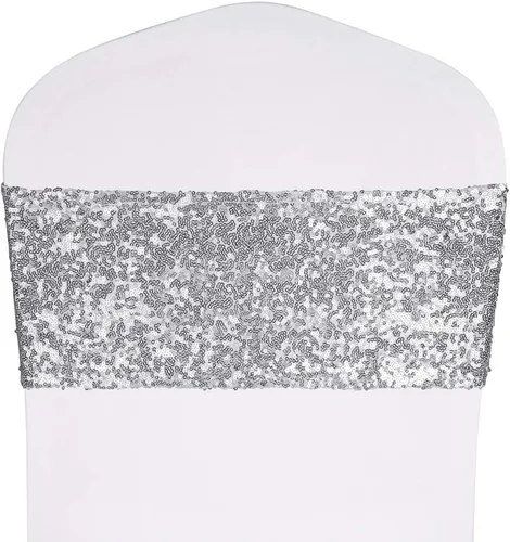 Vista 8 de Bandas elásticas de lentejuelas para silla de hotel, boda, recepción, fiesta, evento, decoración de silla de 4” x 16” Azul real