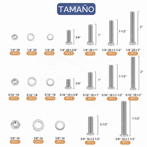 Vista 2 de 265 PCS Tuercas y Pernos 1/4"-20, 5/16"-18, 3/8"-16 Juego Surtido de Tuercas y Pernos Hexagonales de Acero al Carbono, Kit Surtido de Tornillos