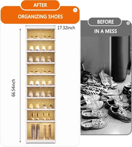 Vista 4 de Organizador plegable para zapatos para armario, 9 niveles, 18 pares, apilable, estante de zapatos plegable con puertas, organizador de zapatos
