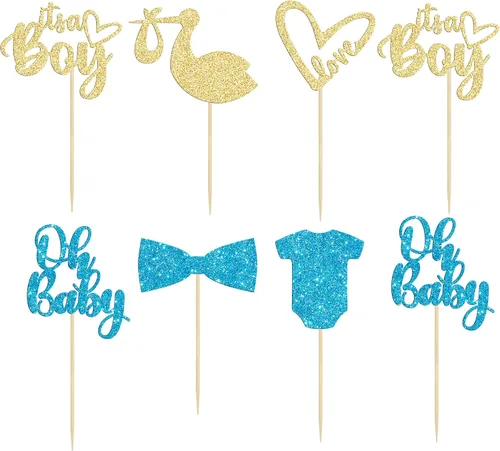 Vista 3 de Gyufise Paquete de 36 adornos para cupcakes Oh Baby ensamblados con texto en inglés "It's a Boy" con corbata, mameluco de amor, corazón, purpurina