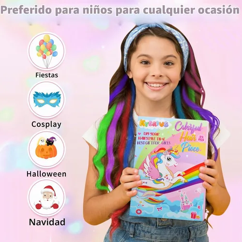 Vista 4 de Kyerivs 48 extensiones de cabello con clip de colores, regalo para niñas, extensiones de cabello arcoíris de 20 pulgadas para niñas, accesorios