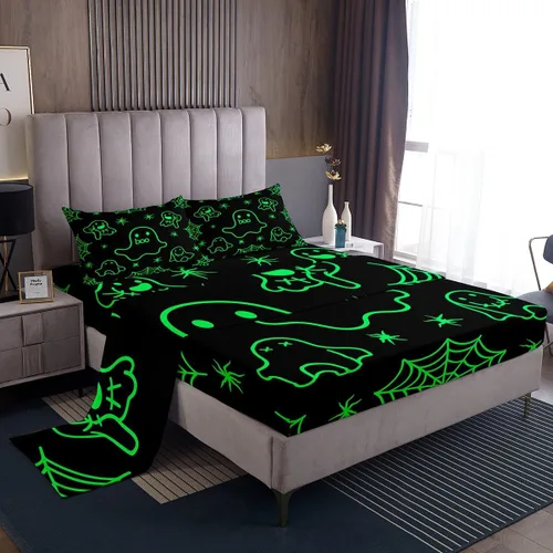 Vista 31 de Lindas sábanas de murciélagos tamaño individual, juego de sábanas de Feliz Halloween para niños y niñas, Kawaii cielo estrellado estrellas luna