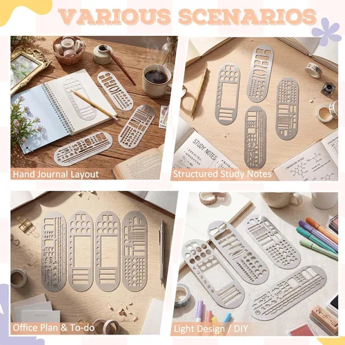 Vista 6 de Chinco 4 Pieces Stencils Metal Journal Template 7.9 x 2.4 Inches Bookmark Ruler School Supplies Stainless Steel Stencils Set for DIY, Engraving