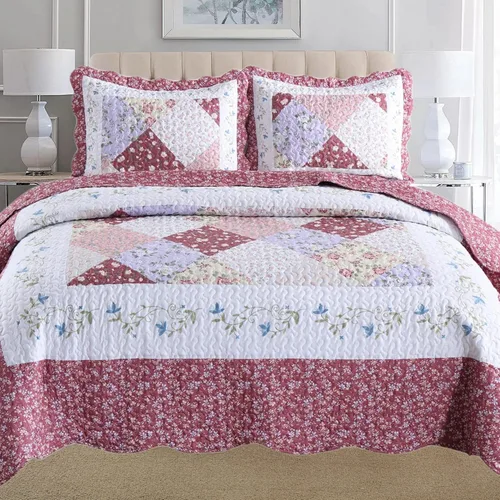 Vista 14 de MarCielo Juego de edredón de 3 piezas con estampado floral, juego de colcha ligera (tinta floral, King)