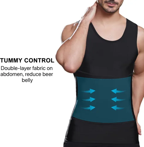 Vista 3 de Camiseta de compresión adelgazante para hombre, camiseta sin mangas de entrenamiento para ginecomastia, control de abdomen, cambio en segundos