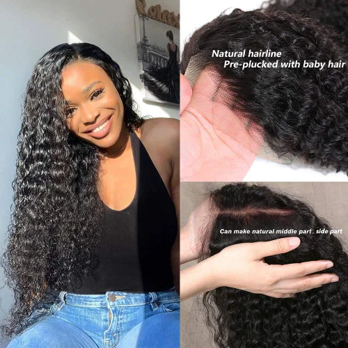 Vista 2 de Peluca de cabello humano con malla frontal sin pegamento, con ondulado profundo y textura húmeda, encaje frontal transparente, premarcadas