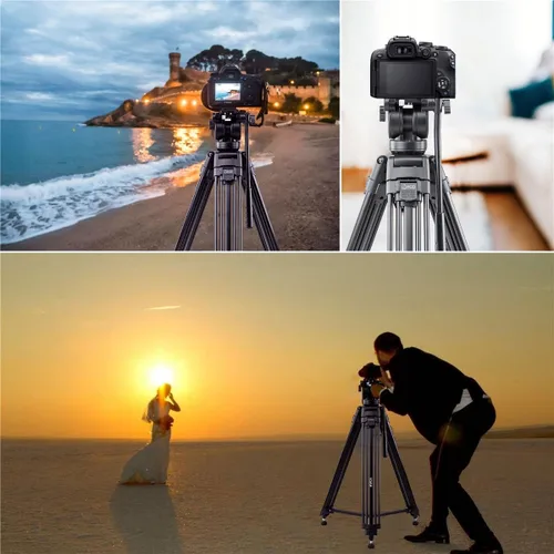 Vista 6 de 3Pod V3AH - Trípode de video de aluminio de 3 secciones para cámara, trípode profesional para cámara con cabezal fluido de 2 vías, esparcidor
