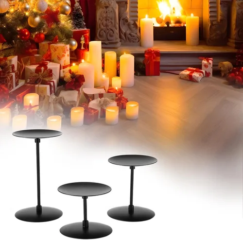 Vista 8 de QWORK Elegante portavelas negro de 3 pilares, centros de mesa de hierro forjado de metal resistente con acabado mate, juego de 2