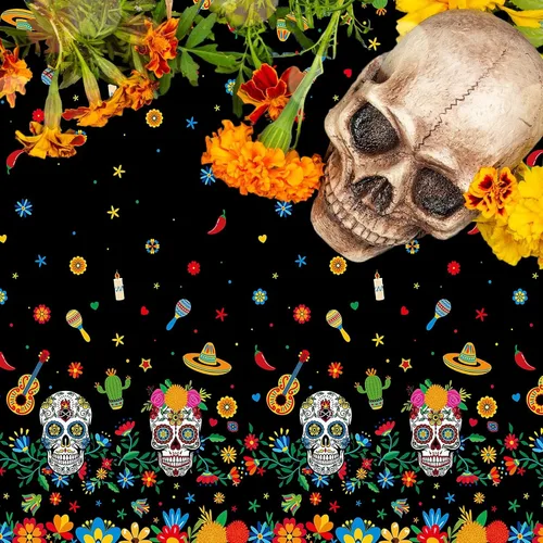 Vista 7 de Irenare Mantel de plástico con diseño de Día de los Muertos, diseño de calavera de azúcar, desechable, rectangular, para Halloween, cumpleaños Negro