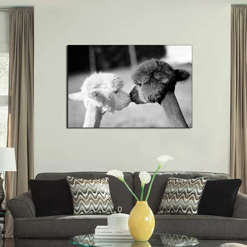 Vista 4 de Wall Art Canvas Print Cute Animal Two Kissing Alpacas Llamas Painting Picture and Poster Morden Artwork Home Decor for Living Room (Framed,30x50 cm)