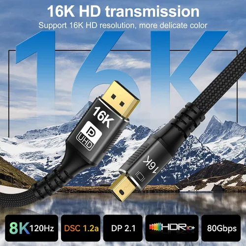 Vista 5 de Mini DP a DisplayPort 2.1 16K Cable 2M 6.6FT 8K (7680x4320) @120Hz 4K @240Hz DP 1.4 2.0 Transmisión bidireccional Display Port a Mini DisplayPort