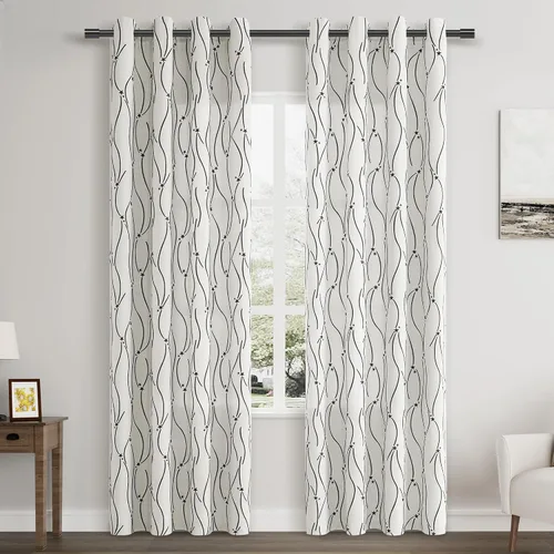 Vista 30 de Joywell Cortinas jacquard con ojales para sala de estar, 108 pulgadas de largo, línea ondulada negra con patrón de puntos, cortinas bordadas