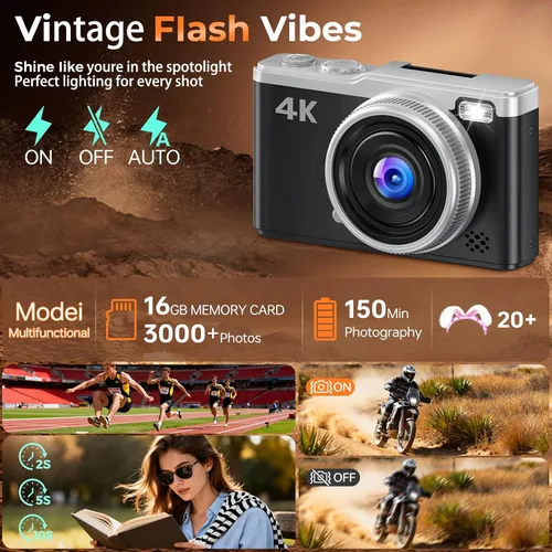 Vista 8 de MaxMango Cámara digital, cámara de vlogging de 64 MP y 2.4 pulgadas para principiantes, pantalla abatible de 180°, apunta y dispara, cámaras