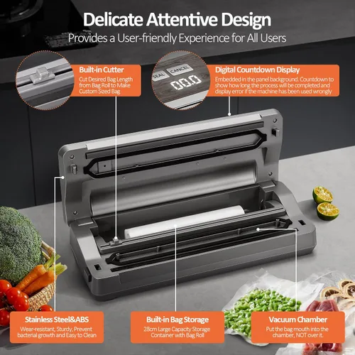 Vista 4 de Anybear Máquina selladora al vacío, 90 kPa 120 W de sellado ancho todo en 1, potente almacenamiento de alimentos, cortador integrado