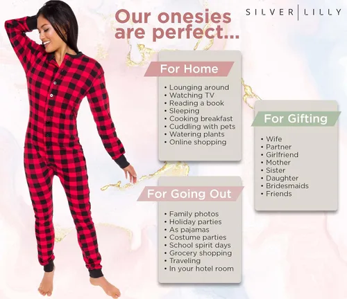 Vista 5 de Silver Lilly - Pijamas de una pieza a cuadros para mujer con abertura estilo solapa abotonable en la parte posterior