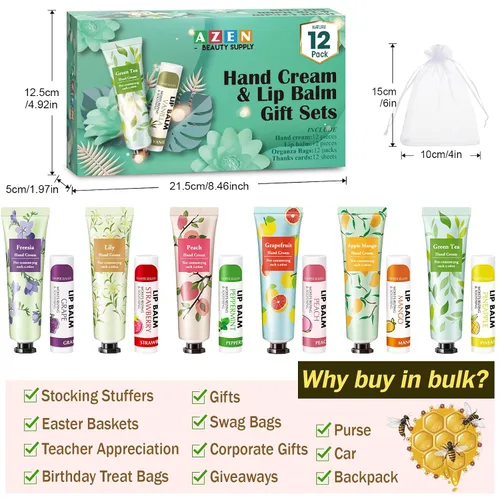 Vista 5 de AZEN 12 Sets Bulk Gifts, Hand Cream and Lip Balm Bulk Set with Organza Bag Thank You Card, Baby Shower Wedding Gifts for Guests, Bridal Wedding