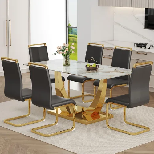 Vista 3 de Juego de mesa de comedor de mármol sintético para 6, mesas de comedor rectangulares para 6, mesa de cocina dorada y 6 sillas de piel sintética