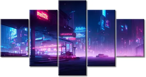 Vista 8 de Cuadros de 5 paneles de Cyberpunk City, arte de pared, representación de vallas publicitarias, edificios modernos en la capital con obras de arte