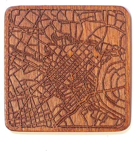 Vista 120 de Posavasos Amsterdam Map by O3 Design Studio, 1 pieza, posavasos de madera Sapele con mapa de la ciudad, hecho a mano, varias ciudades opcionales