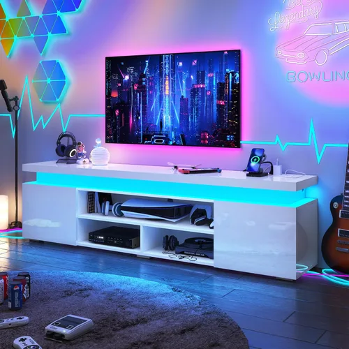 Vista 18 de Hlivelood Soporte de TV LED para TV de 75 pulgadas, moderno soporte de TV con toma de corriente, consola de TV de alto brillo con almacenamiento