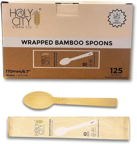 Vista 11 de Juego de cubiertos desechables de bambú envueltos 100 paquetes 1 cuchillo, 1 tenedor, 1 cuchara y 1 servilleta Kraft Utensilios biodegradables