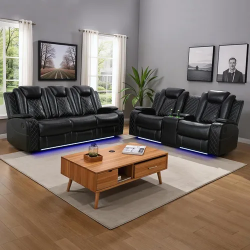 Vista 26 de Juego de sofá reclinable eléctrico para sala de estar, juego de sofá reclinable de cuero con luz LED, soporte para tazas, almacenamiento de consola